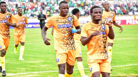 AFC Leopards players celebrate a goal against Gor Mahia.