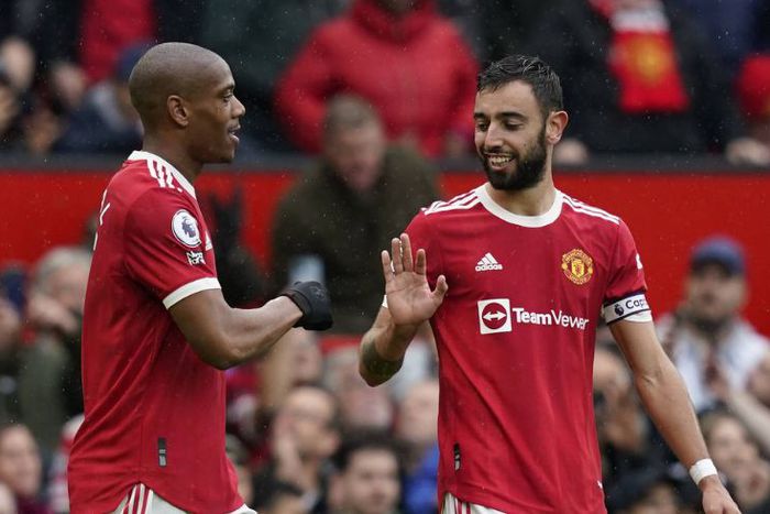 Anthony Martial and Bruno Fernandes share a good moment.
