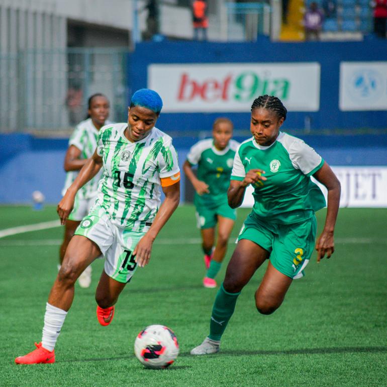Super Falcons skipper Ajibade against Comoros. She has reassured fans she's fine after the painful injury.
