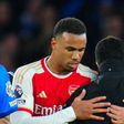 Arsenal manager Mikel Arteta hugs central defenders Gabriel Magalhaes and William Saliba || Image credit: Imago