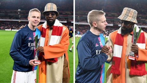 Patoranking shows off photos as he presents Arsenal star Oleksandr Zinchenko with POTM award
