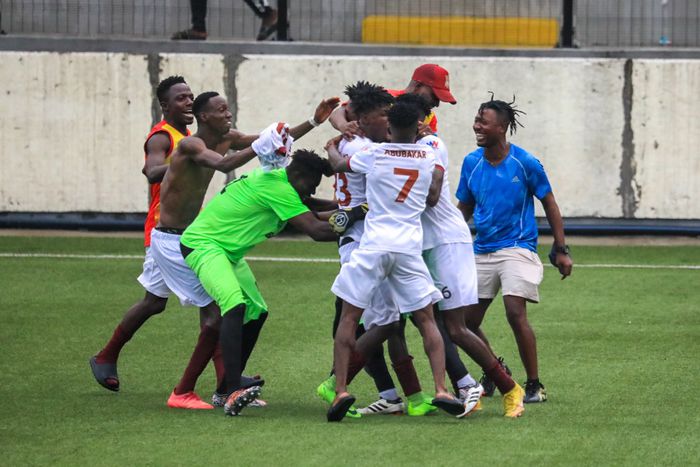 Ikorodu City vs Box2Box: Victor Ogbonna mobbed by his teammates.