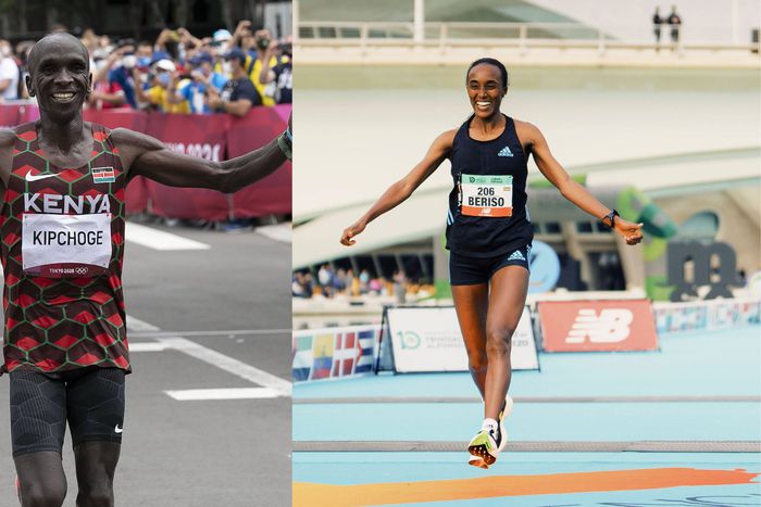 Eliud Kipchoge (L) with Ethiopia's Amane Beriso (R)