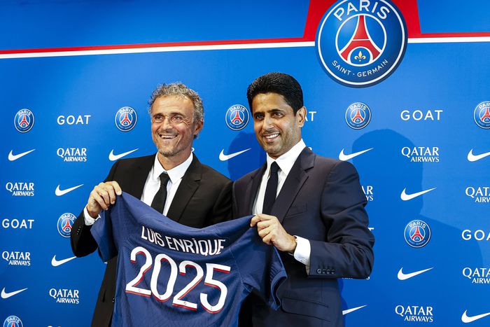 Nasser Al-Khelaifi unveiling Luis Enrique as Paris Saint-Germain's manager last summer || Image credit: Imago