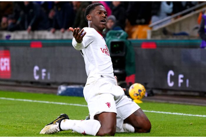 Manchester United's Kobbie Mainoo celebrates one of his goals.
