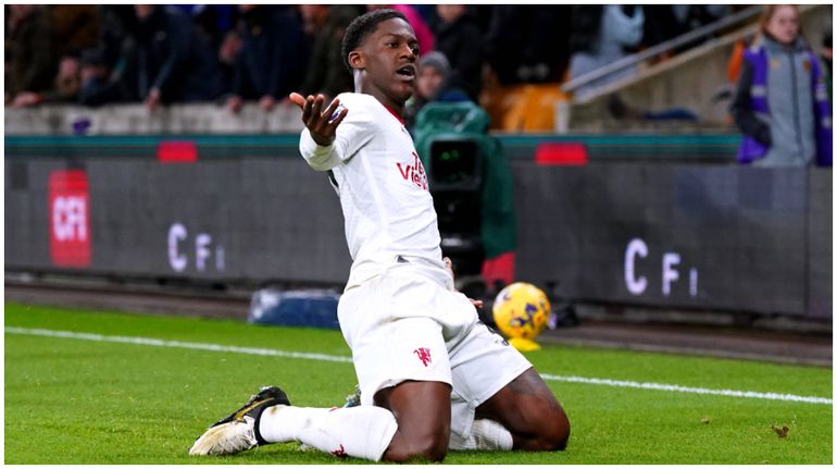 Manchester United's Kobbie Mainoo celebrates one of his goals.