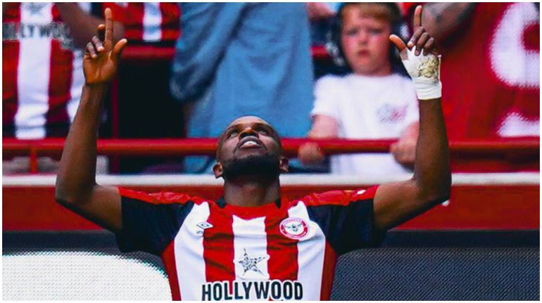Frank Onyeka celebrates his first PL goal of the season for Brentford.
