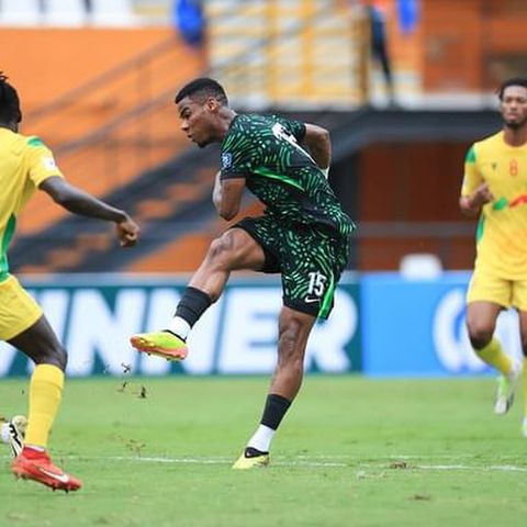 Super Eagles star Raphael Onyedika celebrates his 1st goal for Nigeria against Benin Republic.