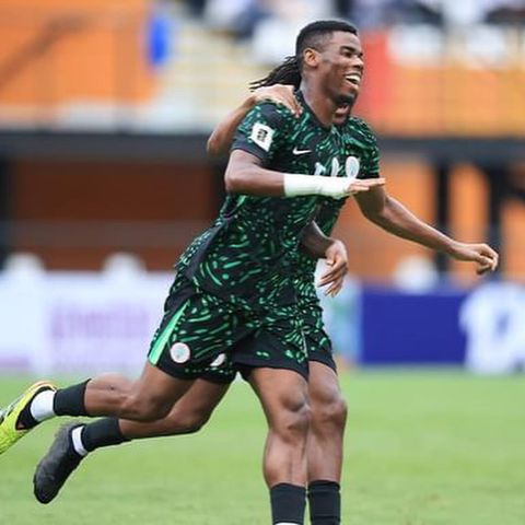 Super Eagles star Raphael Onyedika celebrates his 1st goal for Nigeria against Benin Republic.