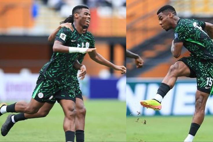 Super Eagles star Raphael Onyedika celebrates his 1st goal for Nigeria against Benin Republic.