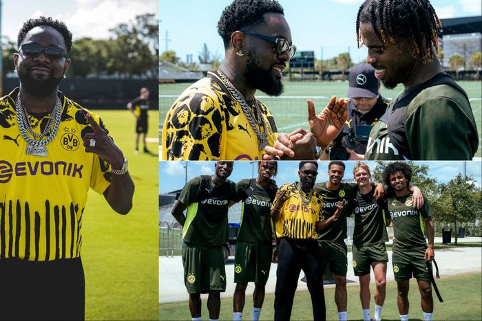 Nigerian Afrobeats star Patoranking teams up with Karim Adeyemi and Borussia Dortmund teammates at 2025 FIFA Club World Cup.