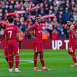 Liverpool s Luis Diaz, Ryan Gravenberch, Mohamed Salah, Cody Gakpo, and Dominik Szoboszlai participate in the Premier League match between Liverpool and Ipswich Town at Anfield in Liverpool, England, on January 25, 2025.