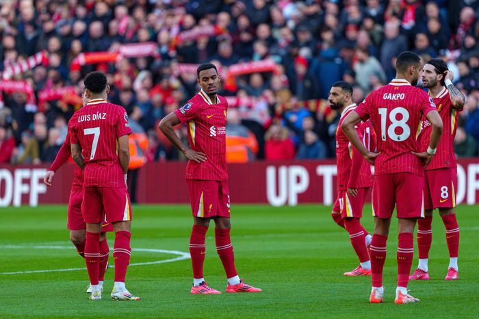 Liverpool s Luis Diaz, Ryan Gravenberch, Mohamed Salah, Cody Gakpo, and Dominik Szoboszlai participate in the Premier League match between Liverpool and Ipswich Town at Anfield in Liverpool, England, on January 25, 2025.