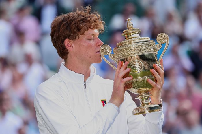 Jannik Sinner with cup, trophy, award ceremony, presentation, final, final, men s singles, men s singles tennis Wimbledon || Image credit: Imago