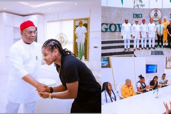 Governor of Imo State Hope Uzodinma welcomes Super Falcons stars Chiamaka Nnadozie, Desire Oparanozie, Osinachi Ohale, and Tochukwu Oluehi.