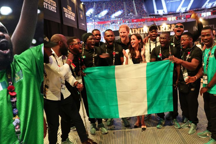 Team Nigeria and the national flag were used as props in a photo of Prince Harry and Meghan as the Duchess of Sussex was given a new name Amira Lolo Ngozi