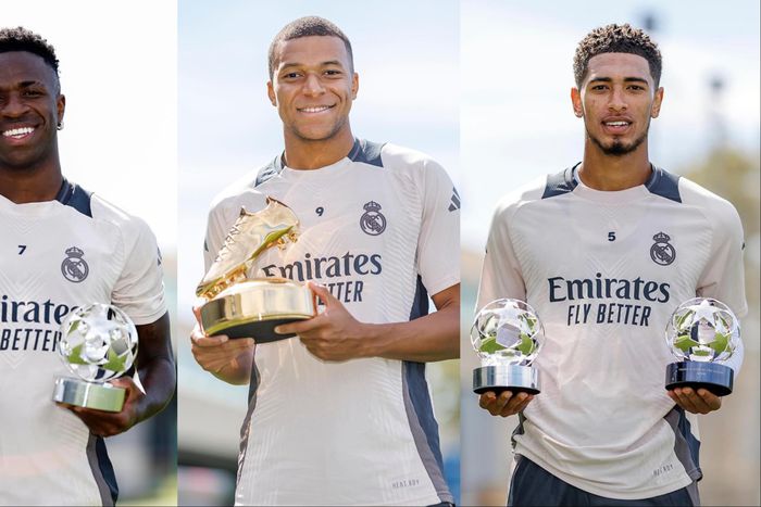 Real Madrid stars Kylian Mbappe, Jude Bellingham and Vinicius Junior celebrate Champions League awards.