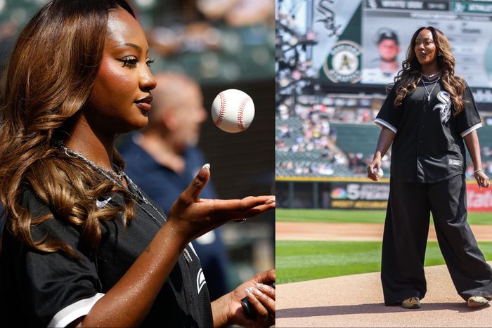 Nigerian Afrobeats star Tems throws out a ceremonial first pitch for the Chicago White Sox against Oakland Athletics.