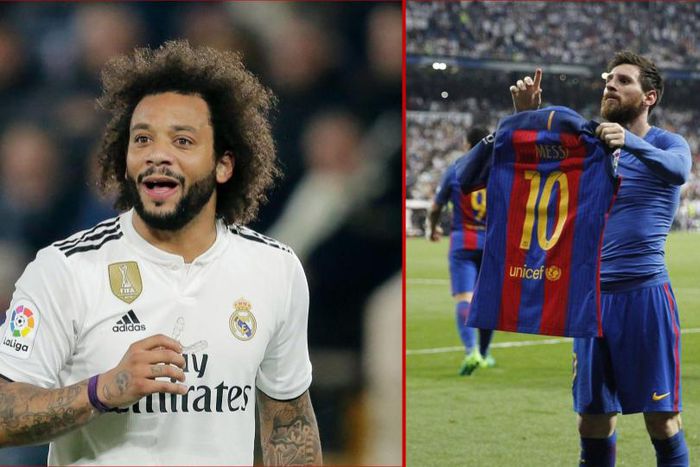 Ex-Real Madrid defender Marcelo and Barcelona legend Lionel Messi || Pulse Sports collage