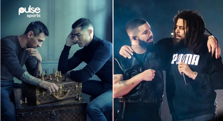 Drake & J. Cole recreated Messi & Ronaldo chess match photo for