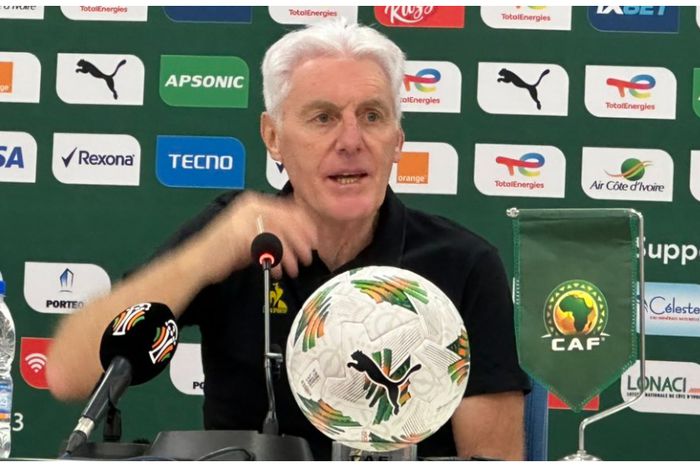 South Africa's football coach, Hugo Broos, at the press conference.