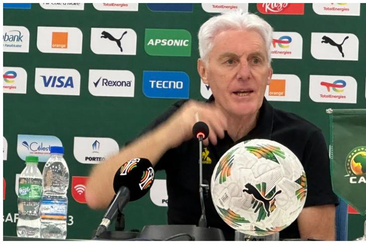 South Africa's football coach, Hugo Broos, at the press conference.