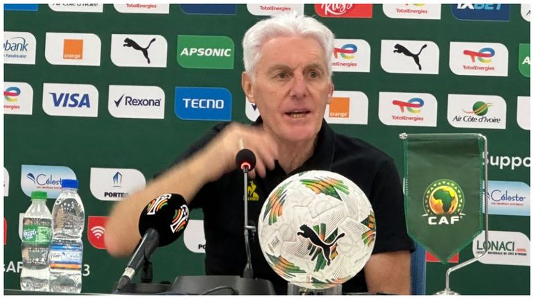 South Africa's football coach, Hugo Broos, at the press conference.