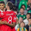 Manchester United's Marcus Rashford celebrates a goal with Bruno Fernandes during the Europa League match against Real Betis.