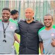 Eric Chelle (s-r) with the Super Eagles B coaches led by Daniel Ogunmodede (second left).
