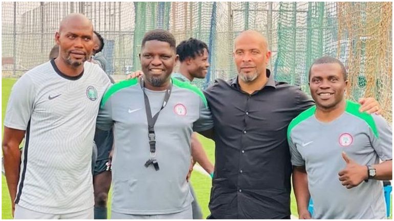 Eric Chelle (s-r) with the Super Eagles B coaches led by Daniel Ogunmodede (second left).