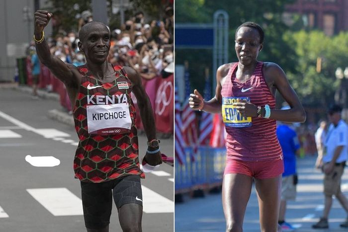 A collage of Eliud Kipchoge and Edna Kiplagat.