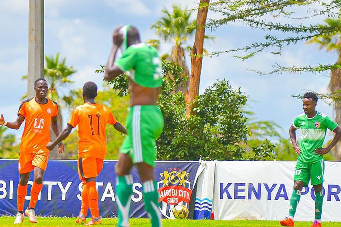 Vihiga Bullets players look dejected after conceeding a goal to Nairobi City Stars