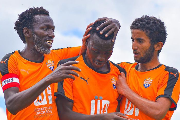 Rodgers Etemesi of Nairobi City Stars (Centre) celebrates his goals with teamamtes during the 5-2 win over Vihiga Bullets FC. Photo Credit: Vincent Ooro-Nairobi City Stars.