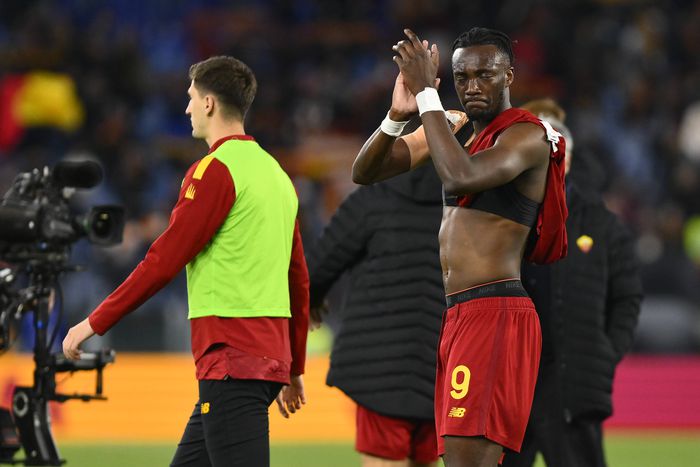AS Roma forward Tammy Abraham applauding fans after a match.