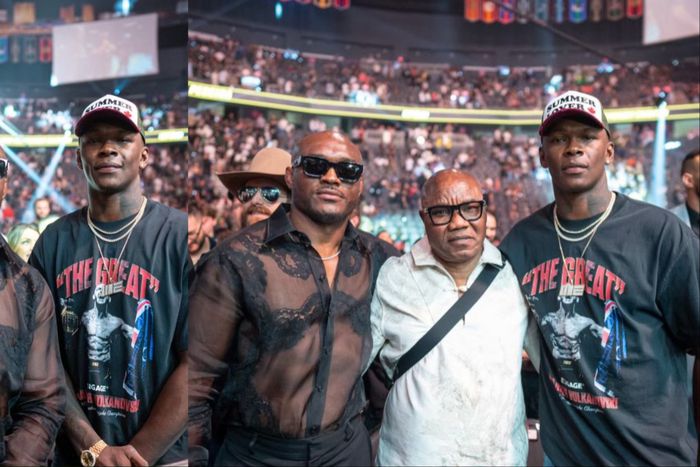 Nigerian Nightmare Kamaru Usman celebrates UFC 300 with Israel Adesanya and his father.