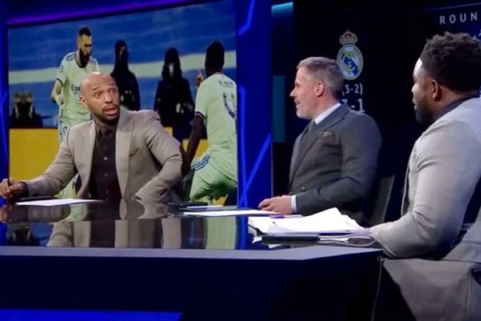 Thierry Henry, Jamie Carragher and Micah Richards during CBS Sports Champions League coverage.