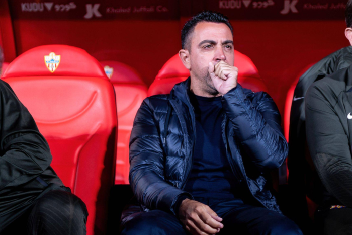 FC Barcelona coach Xavi Hernandez seen during the LaLiga EA Sports 2023/2024 match between UD Almeria and FC Barcelona at Power Horse Stadium || Image credit: Imago