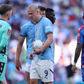 London, England, 17th May 2025. Erling Haaland of Manchester City looks at Dean Henderson of Crystal Palace || Image credit: Paul Terry