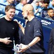 Manchester City vs Crystal Palace - Etihad Stadium - Saturday 12th April 2025 Manchester City manager Pep Guardiola welcomes Crystal Palace manager Oliver Glasner before the game, at the Etihad. || Image credit: IMago