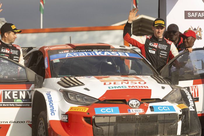 Elfyn Evans (L) and his navigator Martin Scott during the 2022 WRC Safari Rally