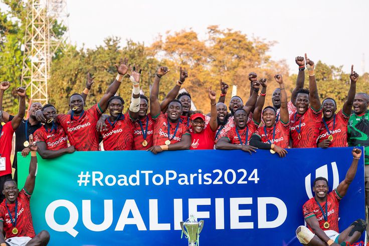 Kenya Sevens players celebrate 2024 Paris Olympics qualification.