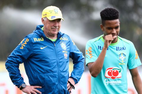 Carlo Ancelotti and Estevao of the Brazil national team during the second day of training ahead of the World Cup 2026 qualifier against Paraguay || Image credit: Imago