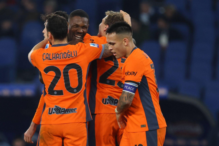 Marcus Thuram of Inter score the goal and celebrate with the team during the Italian Serie A TIM 2023-2024 football match SS Lazio vs FC Internazionale at Olympic Stadium in Rome. || Image credit: Imago