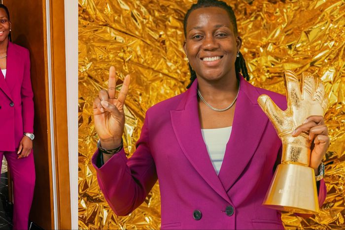 Super Falcons of Nigeria star Chiamaka Nnadozie celebrates CAF goalkeeper Award.