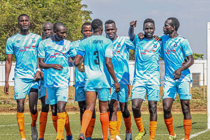 Kisumu All Stars players celebrating a goal in a past match.