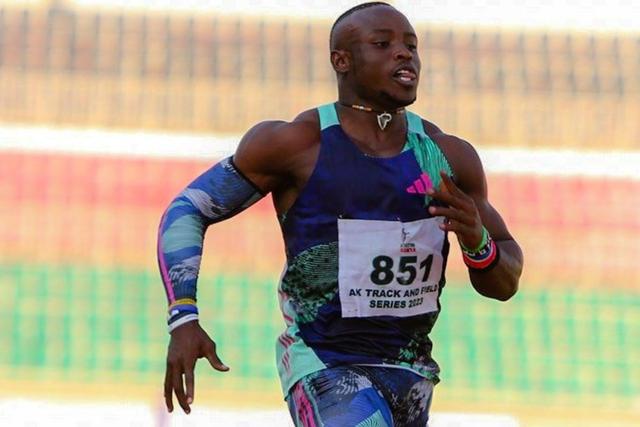 Ferdinand Omanyala sprinting at the Nyayo National Stadium.