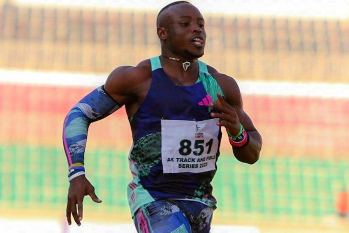 Ferdinand Omanyala sprinting at the Nyayo National Stadium.