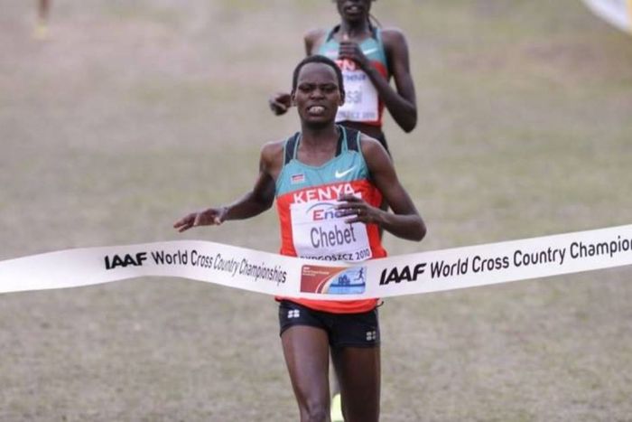 Emily Chebet cutting the tape at a past race.
