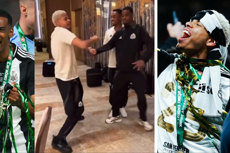 Newcastle United stars Isak, Osula celebrate the EFL title win against Liverpool with an Afrobeats song by Wizkid.