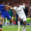 Reece James of Chelsea FC and Vinicius Junior of Real Madrid CF during the UEFA Champions League match between Real Madrid and Chelsea FC played at Santiago Bernabeu Stadium.